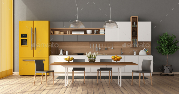 Modern kitchen with dining table Stock Photo by archideaphoto | PhotoDune